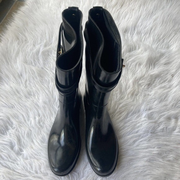 Coach Tara Women's Tall Rain Boot Sz 9B Round Toe Black Gloss Strap Casual - Picture 2 of 12